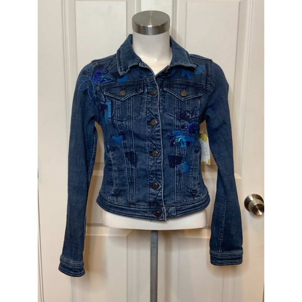 Pilcro and the Letterpress Medium Wash Blue Floral Embroidered Beaded Jean Sz XS